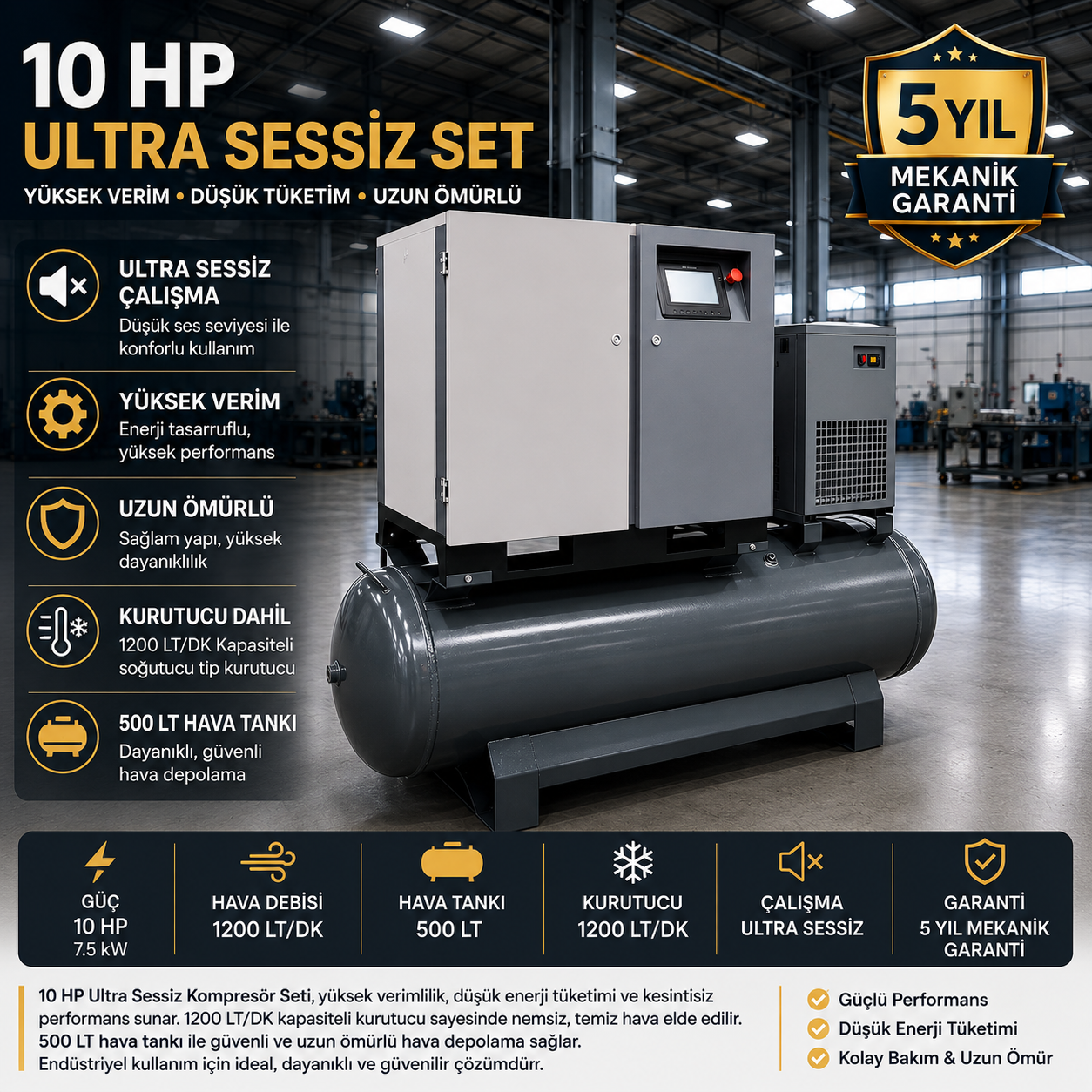 10 HP İNVERTÖRLÜ SET ULTRA SESSİZ VİDALI KOMPRESÖR